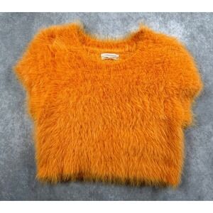 Urban Outfitters Womens Large Crop Top Orange Fuzzy Eyelash Knit Short Sleeve